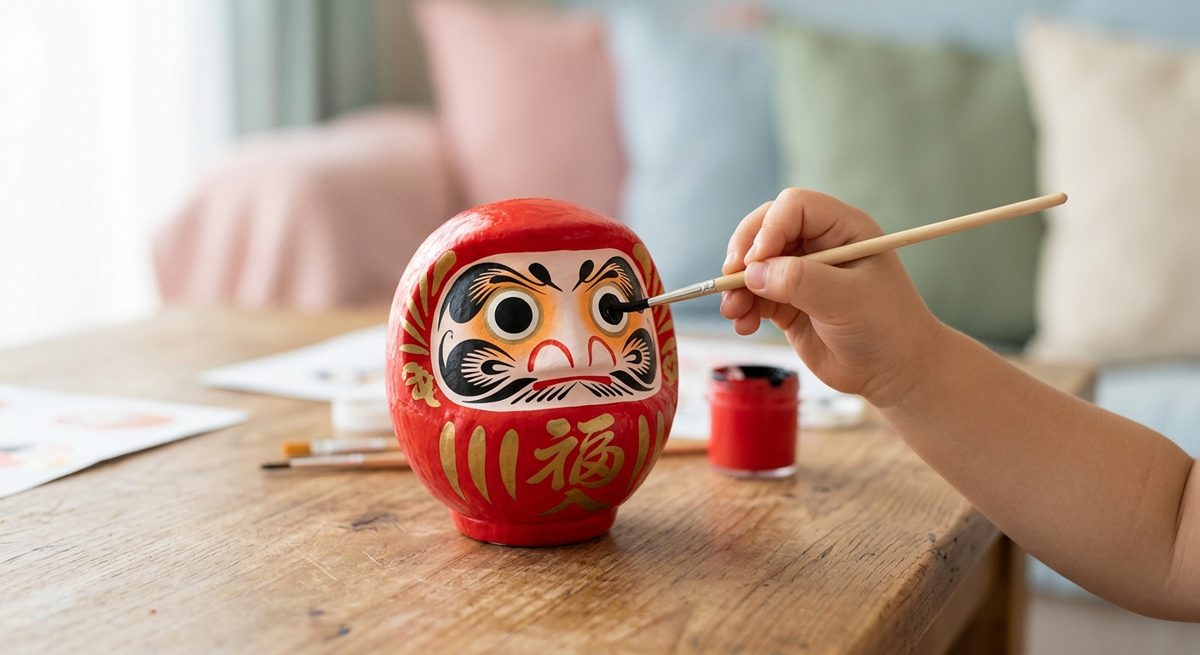 A child painting the eye on a red daruma doll