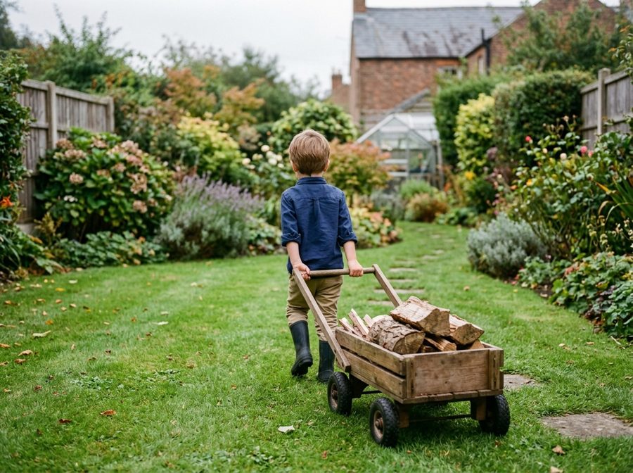 A child seen from behind pulling a wooden cart of logs across a garden lawn