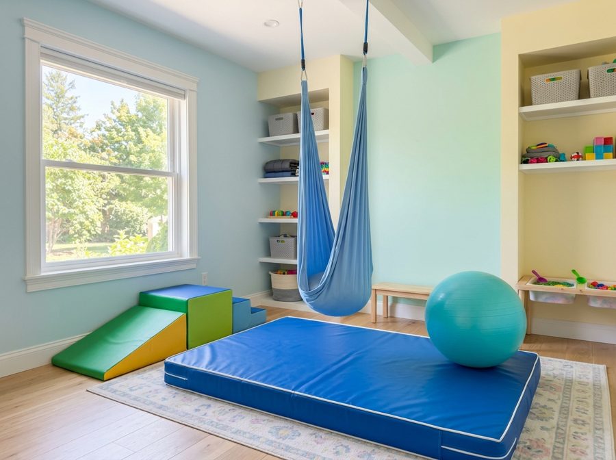 A bright sensory room with a hanging lycra swing, crash mat, therapy ball and soft climbing blocks