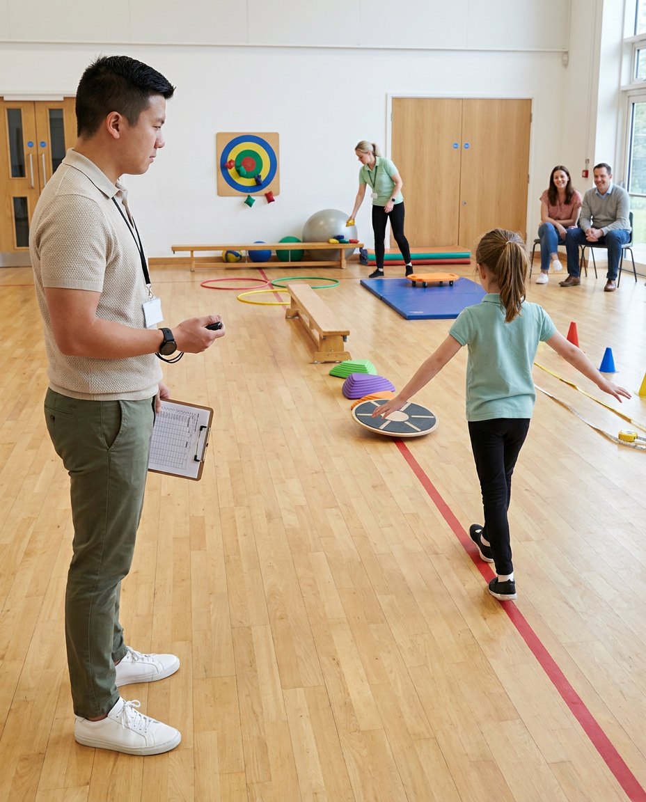 Wilfred holding a clipboard as a child walks along a line in a sports hall