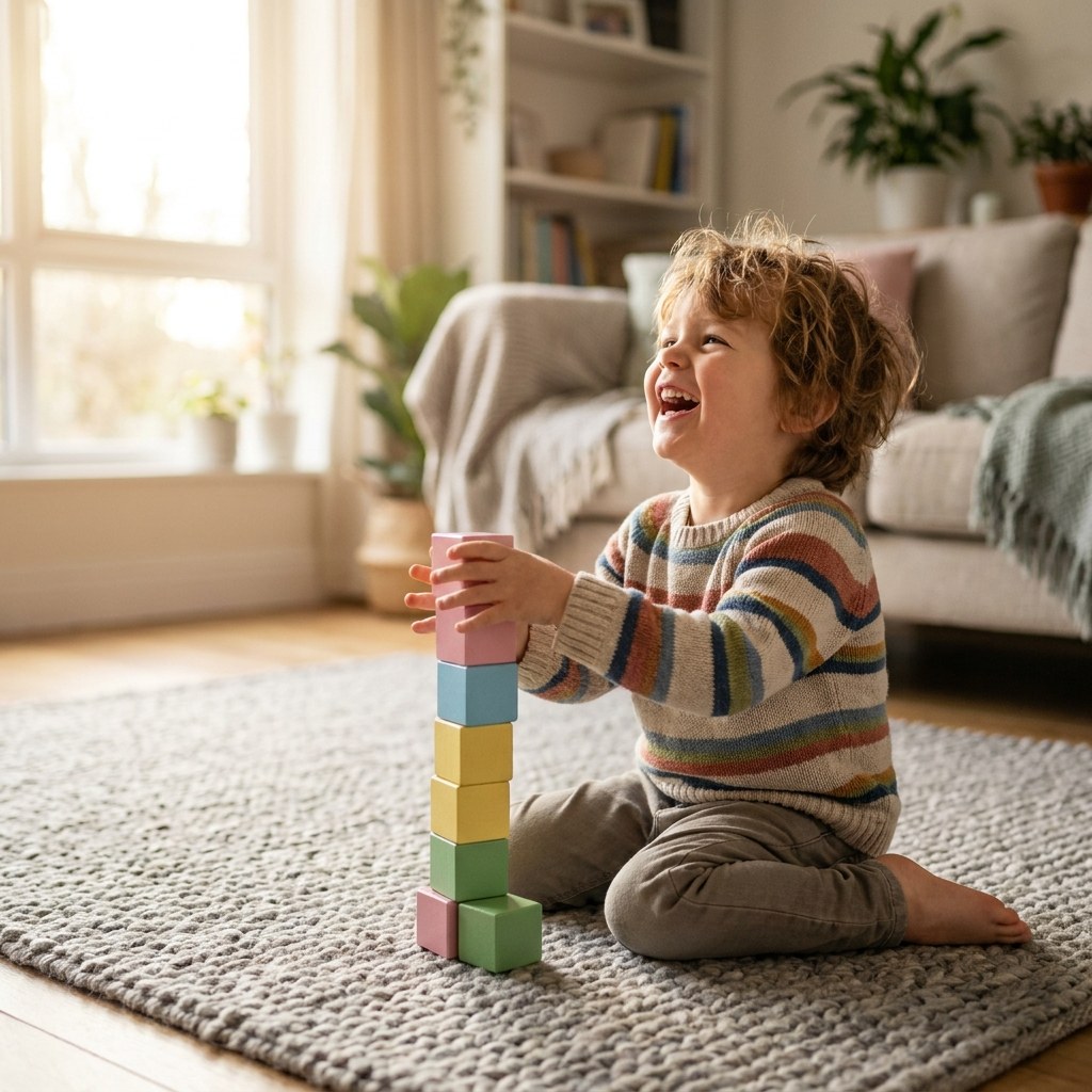 A happy child laughing while stacking colourful blocks on a rug at home