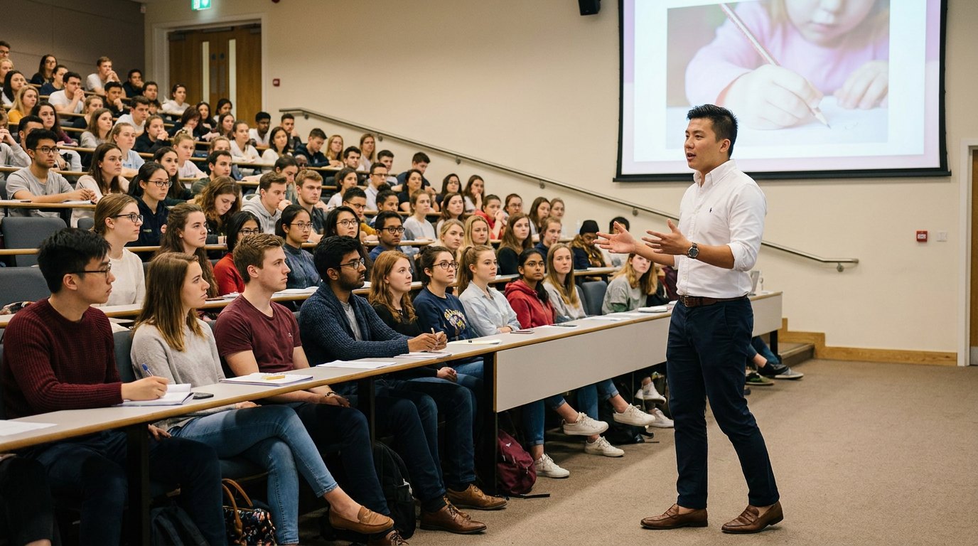 Wilfred giving a talk to students in a lecture theatre