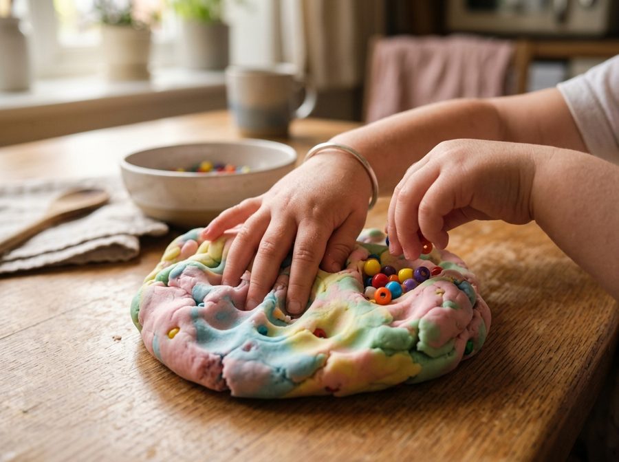 A child's hands digging colourful beads out of pastel playdough