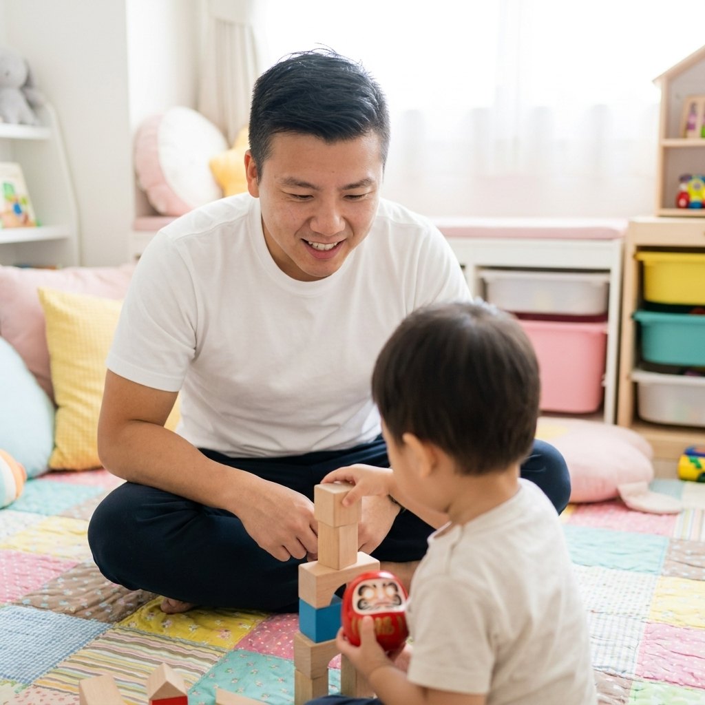 Wilfred sitting on a play mat, smiling as a young child builds a tower of wooden blocks