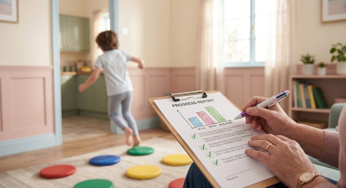 A therapist ticking off a progress report while a child plays a stepping-spot game in the background