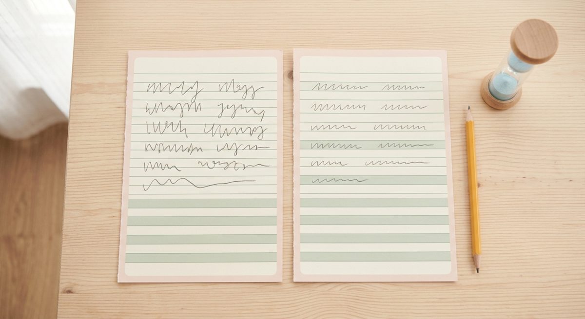 Two handwriting samples side by side, the second one neater, next to a pencil and sand timer